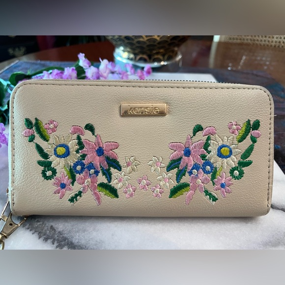 Kenzie Beige Zip-Around Floral Embroidered Wristlet Wallet, colorful flowers - Picture 3 of 9